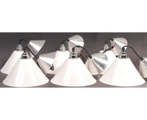 BTC - A contemporary set of x6 BTC white glazed porcelain ceiling pendant light fixtures. Each having a conical shaped shade,