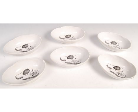 T.G. Green - Church Gresley - Spectrum - An unusual set of six studio art pottery white ceramic dishes with Avocado decoratio