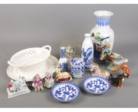 A collection of ceramics. Includes Beswick, Dresden, oriental wares, Leeds Pottery etc.  