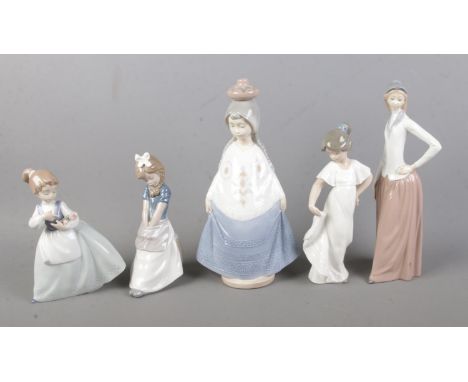 Five Nao by Lladro figures to include girl with flowers and girl seated on a barrel.  