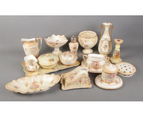 A good collection of Crown Devon and Crown Ducal blushware ceramics to include cheese dish, candlestick, sugar sifter, etc.  