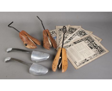 A box of assorted collectables. Includes Drawing monthly magazines, J Sears &amp; Co vintage shoe stretchers etc.  