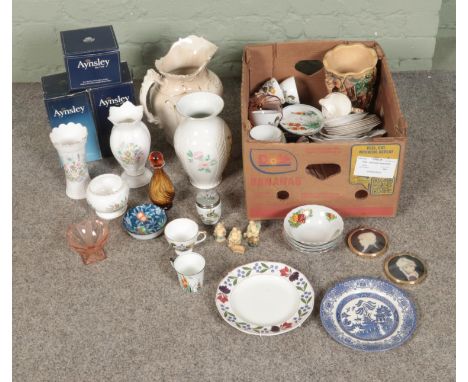 A box of miscellaneous ceramics and glassware to include three boxed Aynsley Wild Tudor ceramics, art glass decanter, wash ju