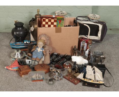 A box of mixed collectable including a selection of vintage board games, leather satchels, carved wooden trinket boxes, wood 