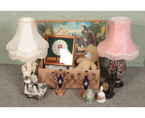 A selection of mixed collectables including ceramic candlesticks, Juliana clock, Salisbury plates, table lamps, vintage teddy