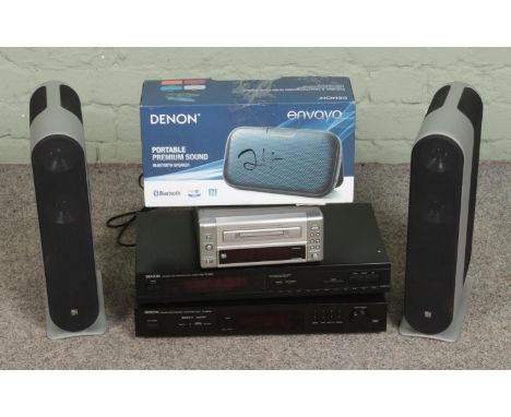 A collection of Denon stacking Hi-Fi equipment along with pair of Kef Five Two Series Model 7 speakers. Includes Denon TU-260