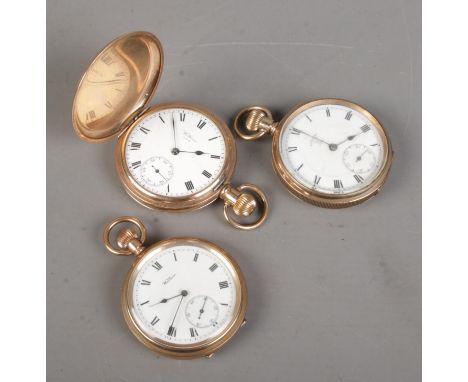 Three gold plated pocket watches. Includes Waltham full hunter in Dennison case, open face Waltham and a Keystone.  Both Walt