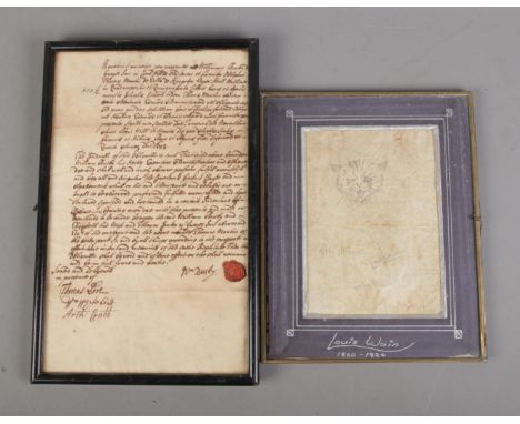 A framed Louis Wain sketch study of a cat on the reverse of a Wilkinson &amp; Co receipt along with framed antique contract b