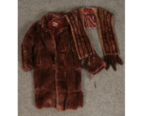A vintage fur coat by Marcus London, Edinburgh &amp; Newcastle together with a fur shawl  