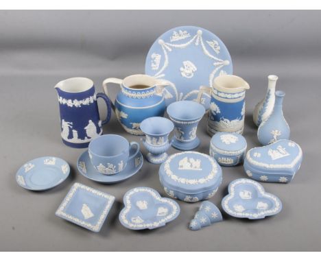 A good collection of Wedgwood Jasperware including trinket boxes, cup and saucer and vases.  
