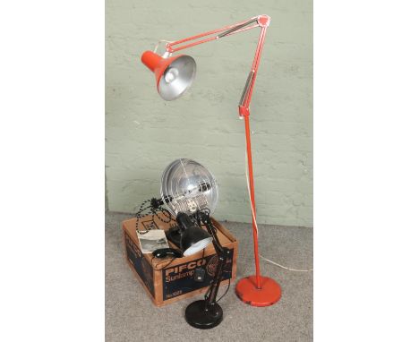 A HCF anglepoise standard lamp along with a smaller angle poise lamp and a boxed Pifco Sunlamp.  