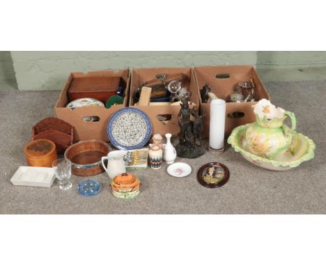 Three boxes of miscellaneous to include Coalport, Caithness, assorted figure groups, cased microscope, etc.  