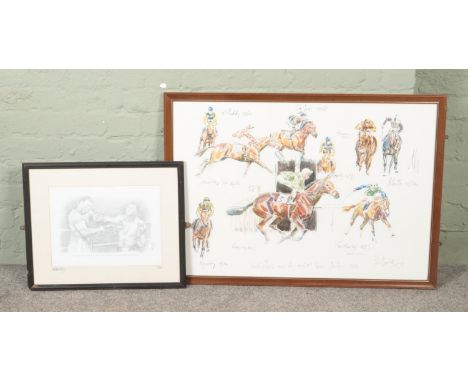 Peter Biegel framed print titled 'Lester Piggott wins his eighth Epsom Derby 1977' along with framed signed limited edition M