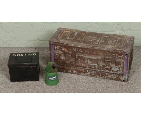 A vintage military metal ammo crate along with first aid kit box and Halfords oil jug.  