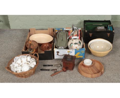 Two boxes of miscellaneous to include cased Aldis projector, Japy Freres coffee grinder, two gigot's, copper lidded pot, etc.