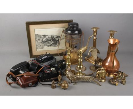 A quantity of mixed collectables including a Tilley lamp, various metal wares including brass candlesticks  and a selection o