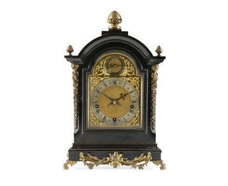 GEORGIAN STYLE EBONISED CHIMING BRACKET CLOCK, WINTERHALDER & HOFFMEIER  19TH CENTURY   with a pine cone finial above an arch