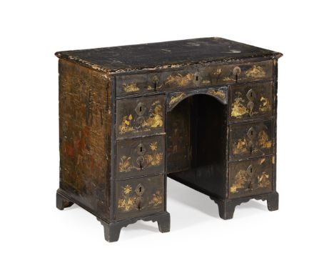 GEORGIAN BLACK JAPANNED PEDESTAL KNEEHOLE DESK  18TH/ EARLY 19TH CENTURY   the rectangular top above a long frieze drawer and