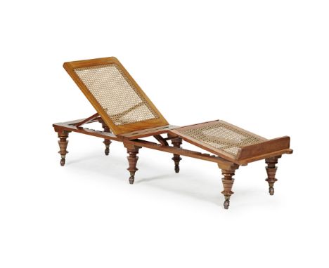 VICTORIAN MAHOGANY CAMPAIGN DAY BED, BY ROBINSON & SON  19TH CENTURY   with three caned hinged sections on a folding frame, r