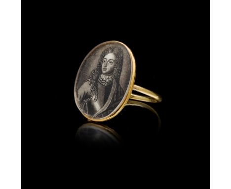 RARE JACOBITE KING JAMES III 'OLD PRETENDER' GOLD MOUNTED PORTRAIT RING  CIRCA 1720   unmarked, the oval ring head with ink p