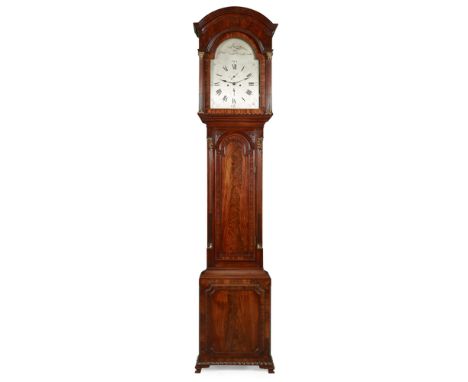 EARLY REGENCY MAHOGANY LONGCASE CLOCK, BY JAMES JEW, GLOUCESTER  EARLY 19TH CENTURY   the domed hood with a moulded cornice a