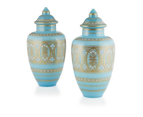 PAIR OF LARGE VICTORIAN BLUE GLASS, ENAMELLED AND GILT COVERED URNS  19TH CENTURY   with domed covers above baluster bodies, 