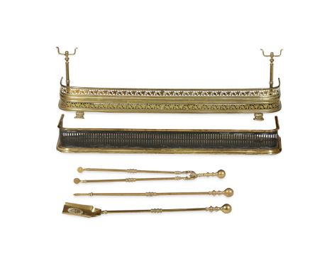 GROUP OF BRASS FENDERS AND FIRETOOLS  EARLY 19TH CENTURY   comprising a fender with a pierced fruiting vine panel front and t