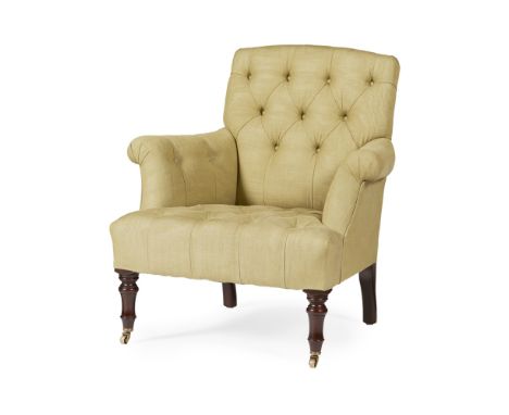 GEORGE SMITH 'CHRISTOPHER' ARMCHAIR  MODERN   with button upholstered back, seat and arms, in pale green fabric, raised on tu