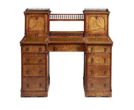 VICTORIAN BURR WALNUT PEDESTAL DESK  MID 19TH CENTURY   the superstructure with a pair of cupboards with brass galleries unit