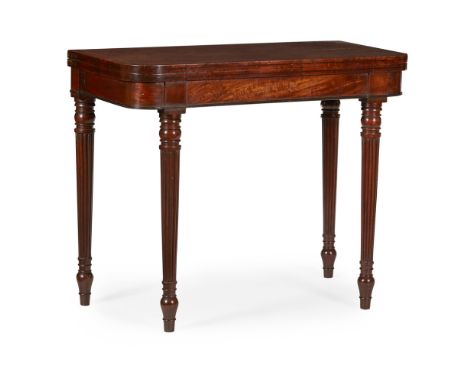 REGENCY MAHOGANY AND AMBOYNA CARD TABLE  EARLY 19TH CENTURY   the rounded rectangular banded fold-over top opening on double 