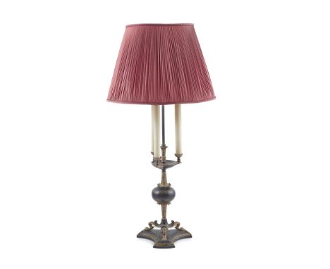 VICTORIAN JAPANNED TOLE CANDELABRA  19TH CENTURY   converted to a lamp, with three sconces above a concave drip tray, raised 