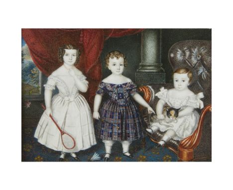 SCOTTISH SCHOOL, CHILD GROUP PORTRAIT MINIATURE  CIRCA 1830   watercolour and bodycolour on ivory, depicting a girl and two b