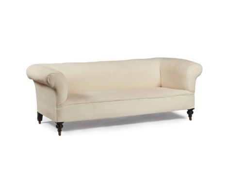 VICTORIAN CHESTERFIELD SOFA  19TH CENTURY   with low upholstered back and scrolled arms, raised on turned ebonised legs with 