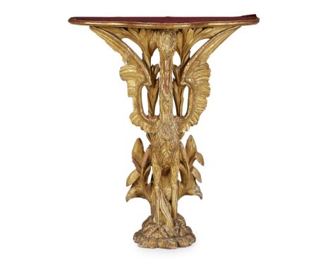 EARLY VICTORIAN GILTWOOD CONSOLE TABLE  MID 19TH CENTURY   in the form of a stork standing on rockwork, supporting a serpenti