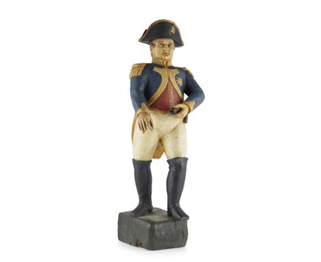 RARE TOBACCONIST FIGURE OF NAPOLEON  19TH CENTURY   carved and polychromed wood, the standing figure holding an open snuff bo