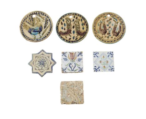 GROUP OF PERSIAN AND SPANISH TILES  comprising eleven examples, including three rectangular Persian tiles, depicting figures,