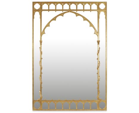 LARGE GOTHIC STYLE GILT OVERMANTEL MIRROR  the divided rectangular mirror plates in a frame with foliate arched lancet arch b