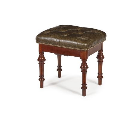 VICTORIAN LEATHER UPHOLSTERED MAHOGANY PIANO STOOL, BY WADMAN BROS, BATH  19TH CENTURY   the adjustable button-upholstered gr