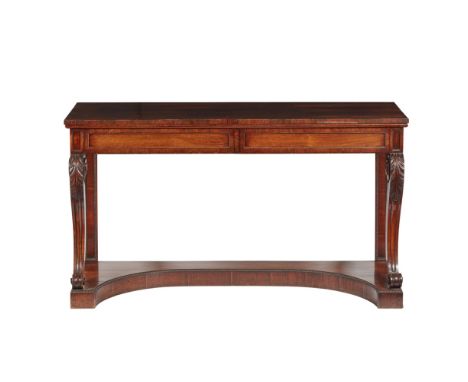 REGENCY STYLE ROSEWOOD CONSOLE TABLE  19TH CENTURY   the rectangular top above a pair of short frieze drawers, raised on acan