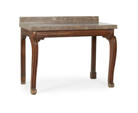 WILLIAM IV OAK AND MARBLE CONSOLE TABLE  EARLY 19TH CENTURY   the grey slab marble top with a back panel, above a plain friez