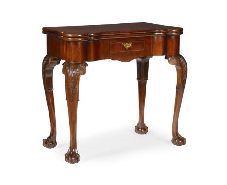 EARLY GEORGE III MAHOGANY CARD TABLE  MID 18TH CENTURY   the fold-over top with rounded outset corners, opening to a green ba