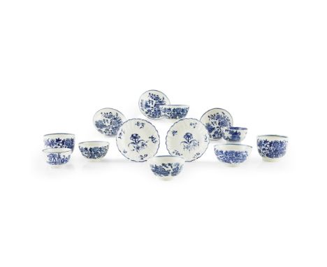 GROUP OF ENGLISH BLUE AND WHITE TEA BOWLS, BOWLS AND SAUCERS  18TH CENTURY   with underglaze crescent marks; comprising four 