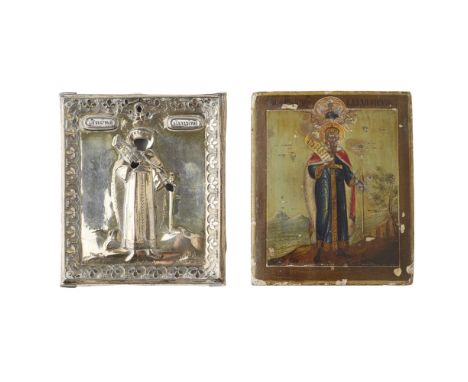 SMALL RUSSIAN ICON OF SAINT VLADIMIR  MOSCOW, 1828   overlaid with a silver gilt oklad with enamel panels inscribed 'St. Equa