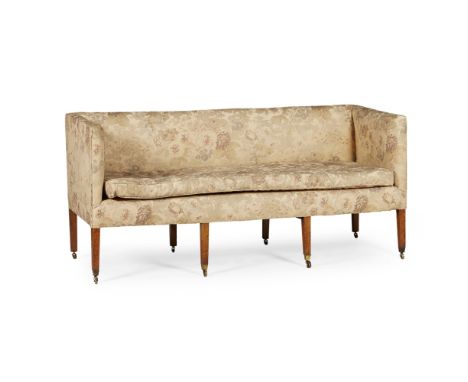 LATE GEORGE III SOFA  EARLY 19TH CENTURY   the rectangular upholstered back and squared arms above a long cushion seat, raise