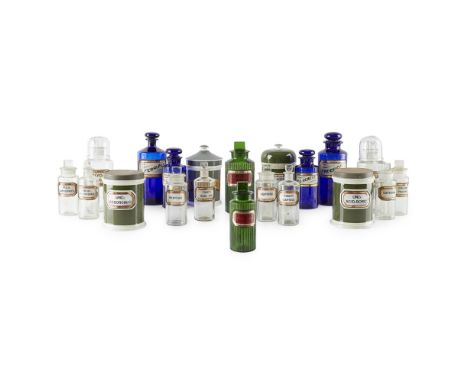 LARGE COLLECTION OF PHARMACEUTICAL JARS AND BOTTLES  LATE 19TH/ 20TH CENTURY   comprising ceramic jars and covers; clear, blu