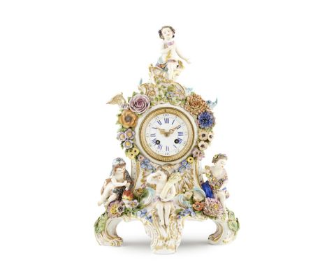 DRESDEN PORCELAIN FLOWER ENCRUSTED MANTEL CLOCK  LATE 19TH CENTURY   the circular white enamel dial with Roman and Arabic cha