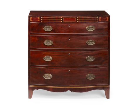 EARLY VICTORIAN MAHOGANY BOWFRONT CHEST OF DRAWERS  MID 19TH CENTURY   the caddy top over a line inlaid frieze above four gra