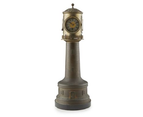 VICTORIAN BRASS AUTOMATON LIGHTHOUSE TIMEPIECE THERMOMETER/BAROMETER  19TH CENTURY   the rotating silvered drum with a silver