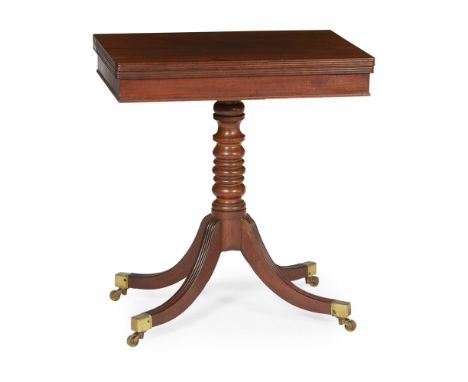 LATE GEORGE III MAHOGANY TRIPOD TEA TABLE  EARLY 19TH CENTURY   the rectangular fold-over and pivoting top with a reeded edge