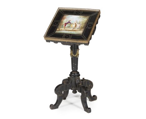 VICTORIAN AND EBONISED AND PORCELAIN MOUNTED TABLE  MID 19TH CENTURY   the square tilt top with a pierced brass gallery and i